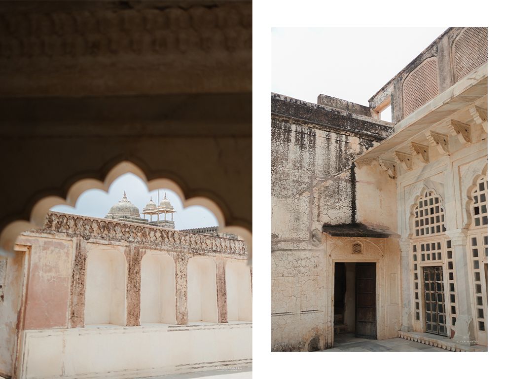 Diptych of ornate Rajasthani palace architecture featuring carved arches, latticed windows and weathered sandstone walls.