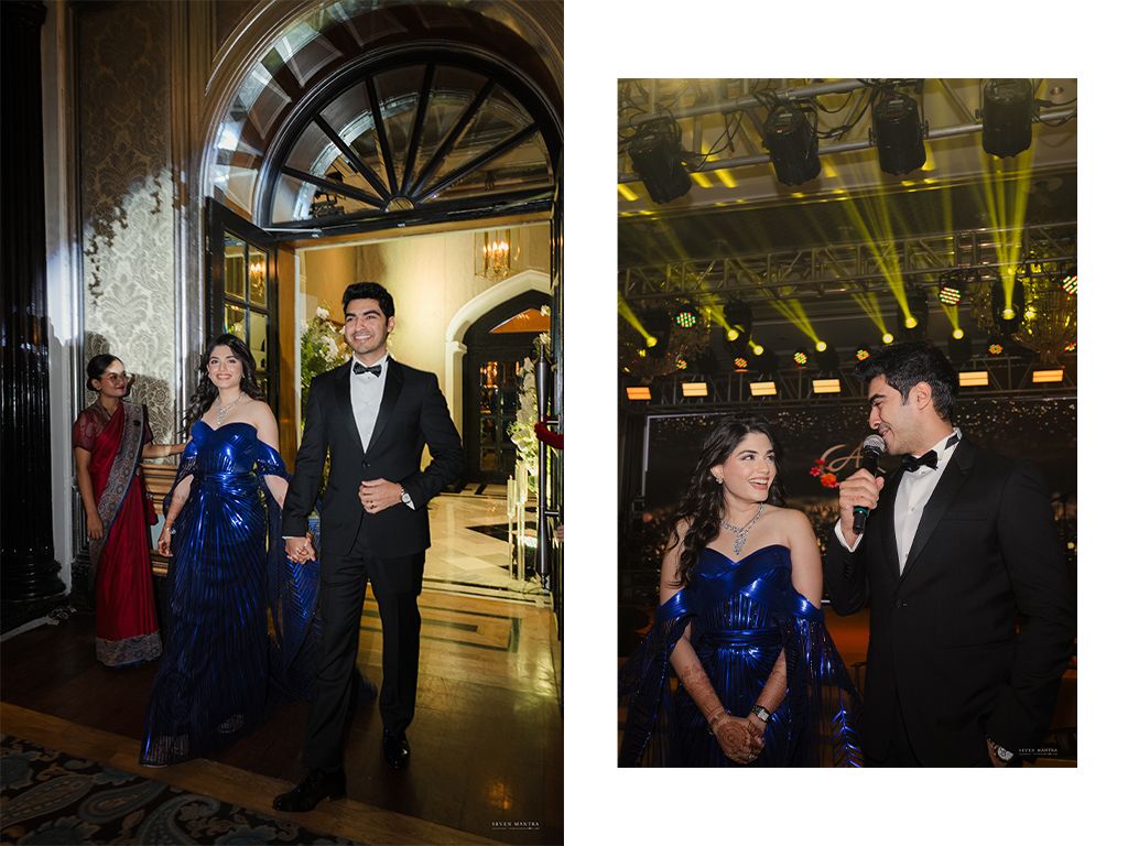 Couple makes grand entrance at wedding reception, bride in blue gown, groom in black tuxedo.