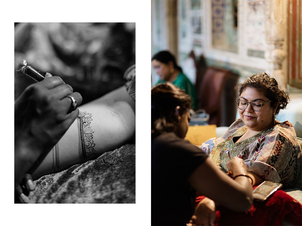 Close-up of intricate mehndi henna on bride's hands alongside candid moment of bride in traditional Indian jewelry.