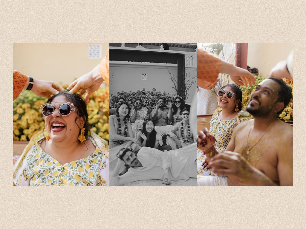 Joyful bride laughing at haldi ceremony surrounded by marigolds, friends, and festive celebrations.