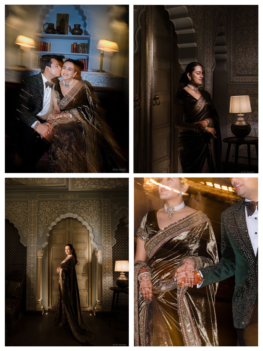 Elegant couple in dark sarees and suits pose for wedding portraits in a luxurious Indian palace interior.