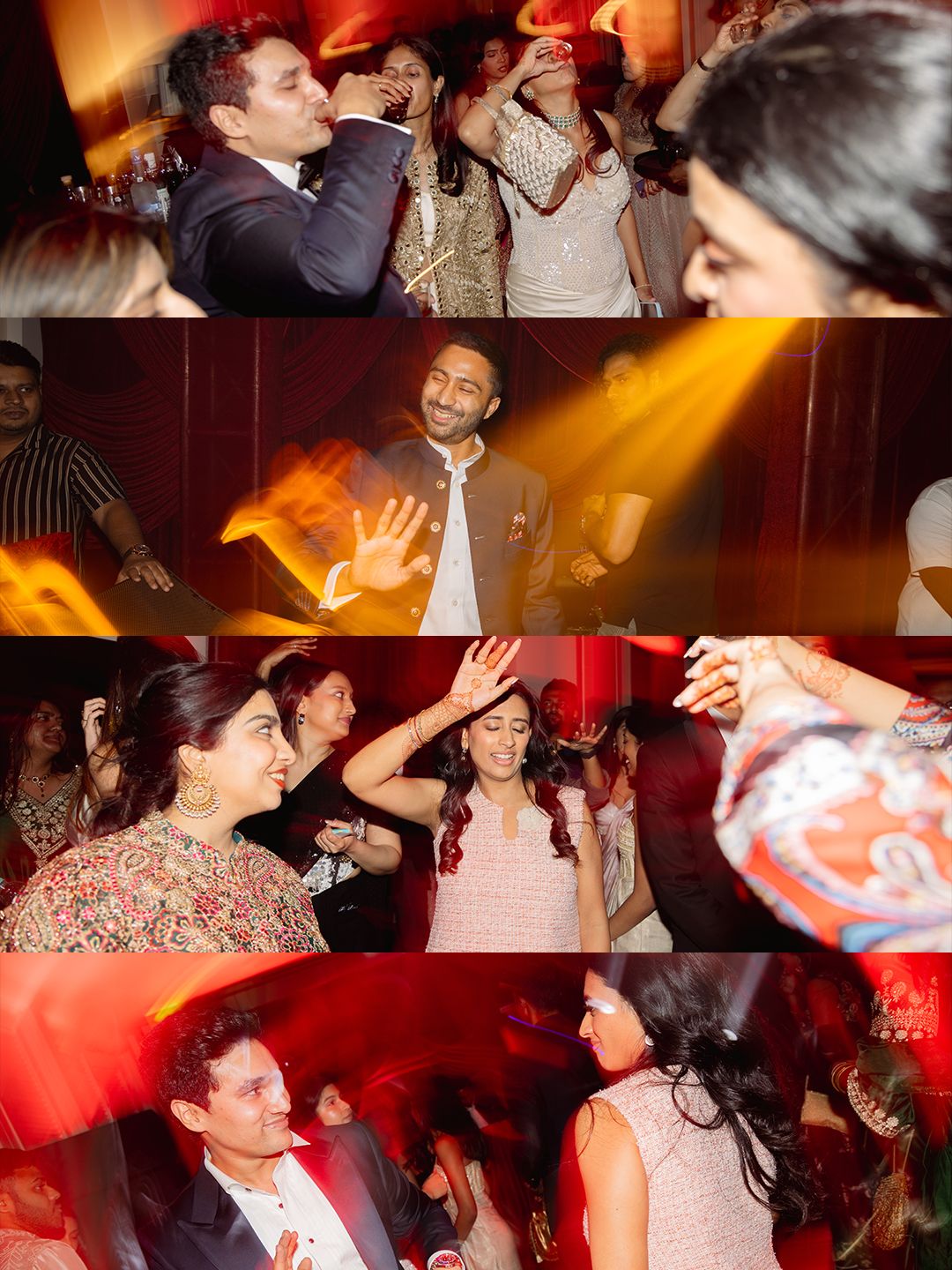 Energetic wedding reception dance floor collage with guests celebrating under colorful lights.