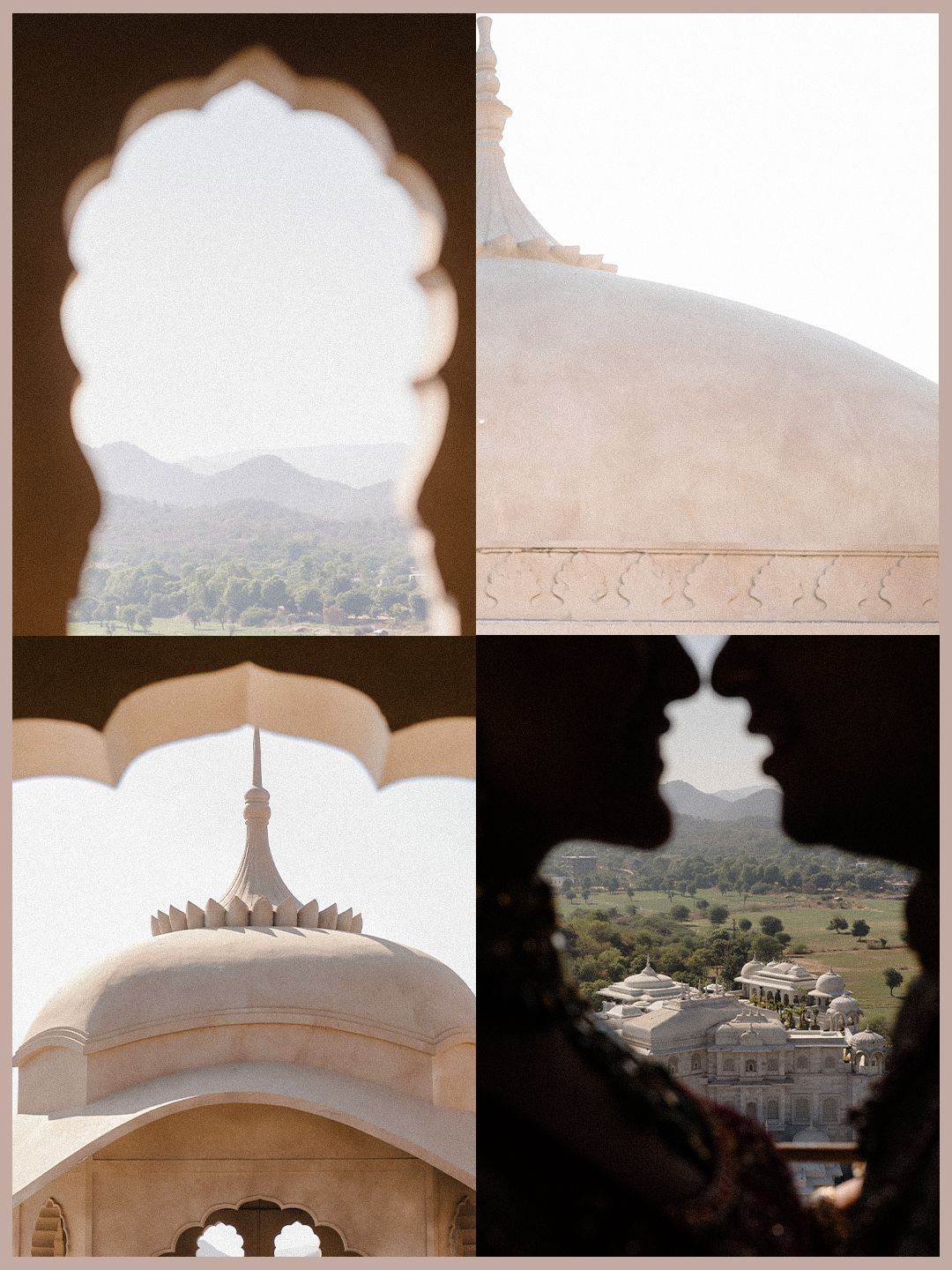 Collage of Fairmont Jaipur architectural details with couple silhouette framed in ornate arched window.