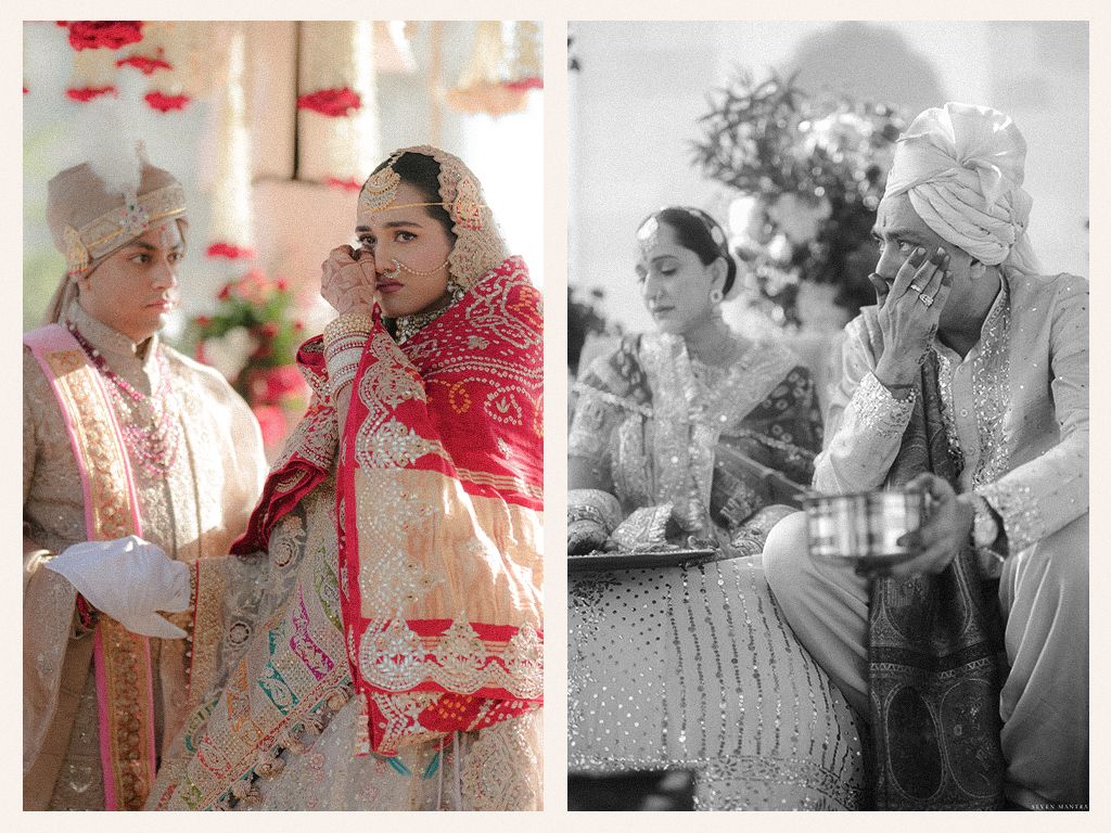Traditional Indian wedding ceremony rituals with bride in red and white saree and groom in white attire.