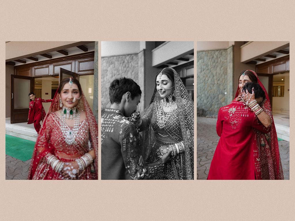 Indian bride in red bridal lehenga with groom in three-panel wedding photo collage.