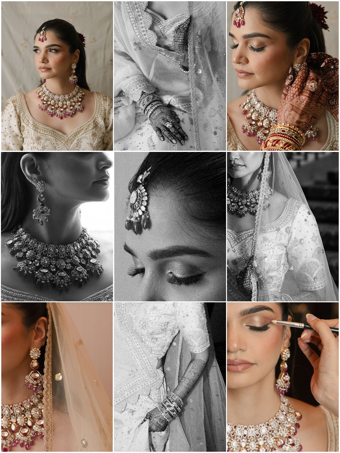 Bridal detail collage showing ruby polki jewelry, mehndi hands, maang tikka, and makeup.