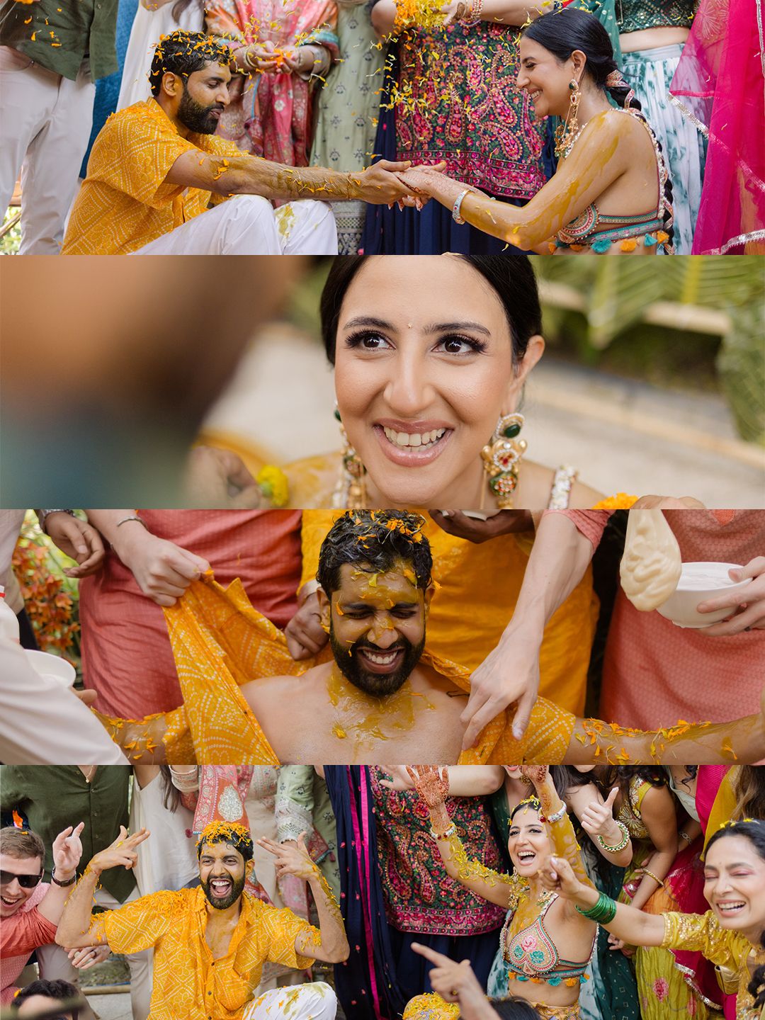 Collage of Indian Haldi ceremony moments with couple covered in turmeric and celebrating with guests.