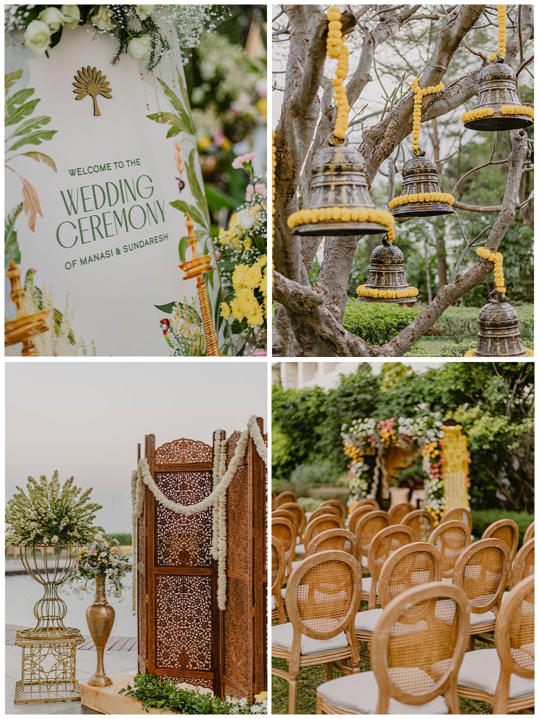 Wedding ceremony decor collage featuring welcome sign, hanging temple bells, ornate screen, and elegant rattan chairs.