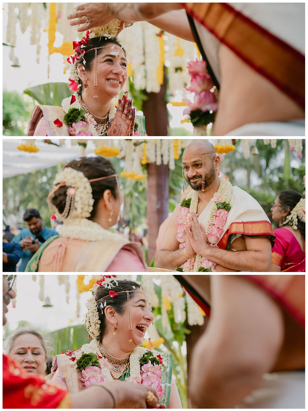 Bride and groom exchange joyful smiles during a traditional South Indian Hindu wedding ceremony with floral decorations.