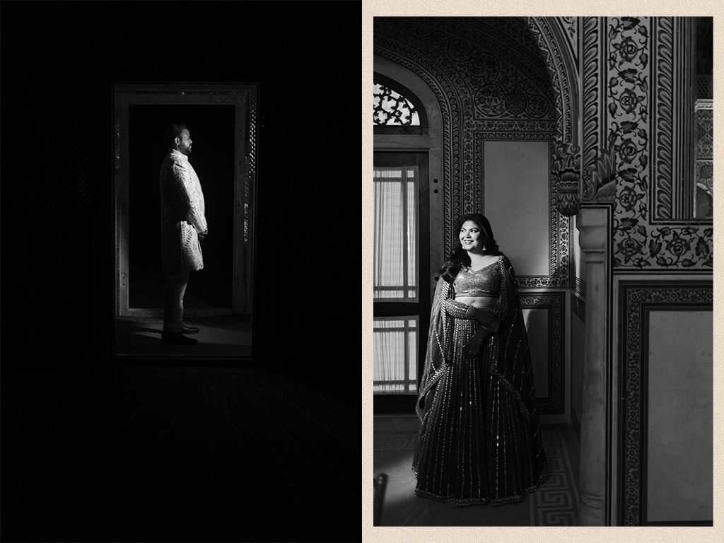 Black and white portraits of bride in embroidered lehenga and groom in ornate palace interior.