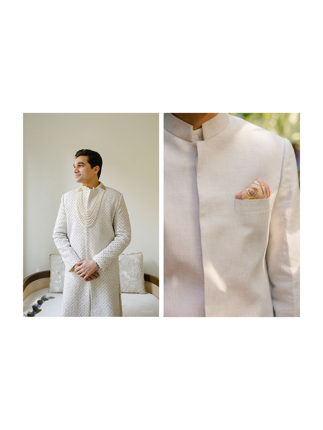Groom in elegant white embroidered sherwani with pearl necklace and matching bandhgala jacket with floral pocket square.