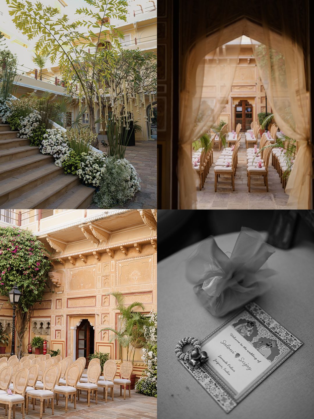 Elegant Indian wedding venue with floral decor, draped dining setup, and personalized invitations.