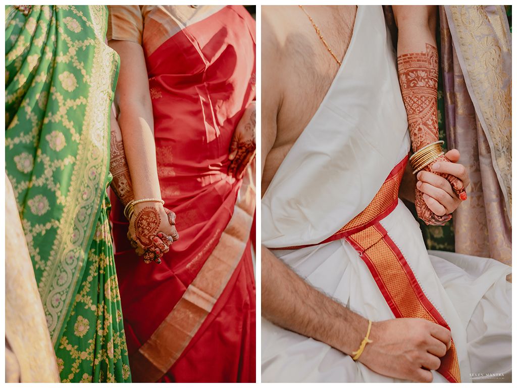 Detail shots of bride and groom in traditional South Indian silk saree and dhoti holding hands at wedding.