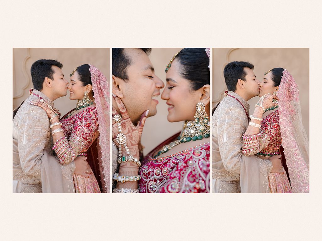 Bride in pink embroidered lehenga and groom in beige sherwani share romantic close-up portraits.