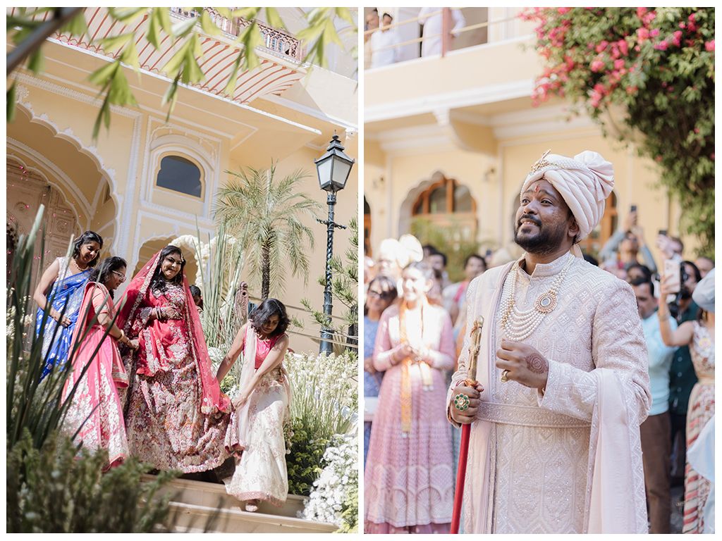 Indian bride in pink lehenga makes grand entrance as groom in ivory sherwani awaits at royal palace wedding.