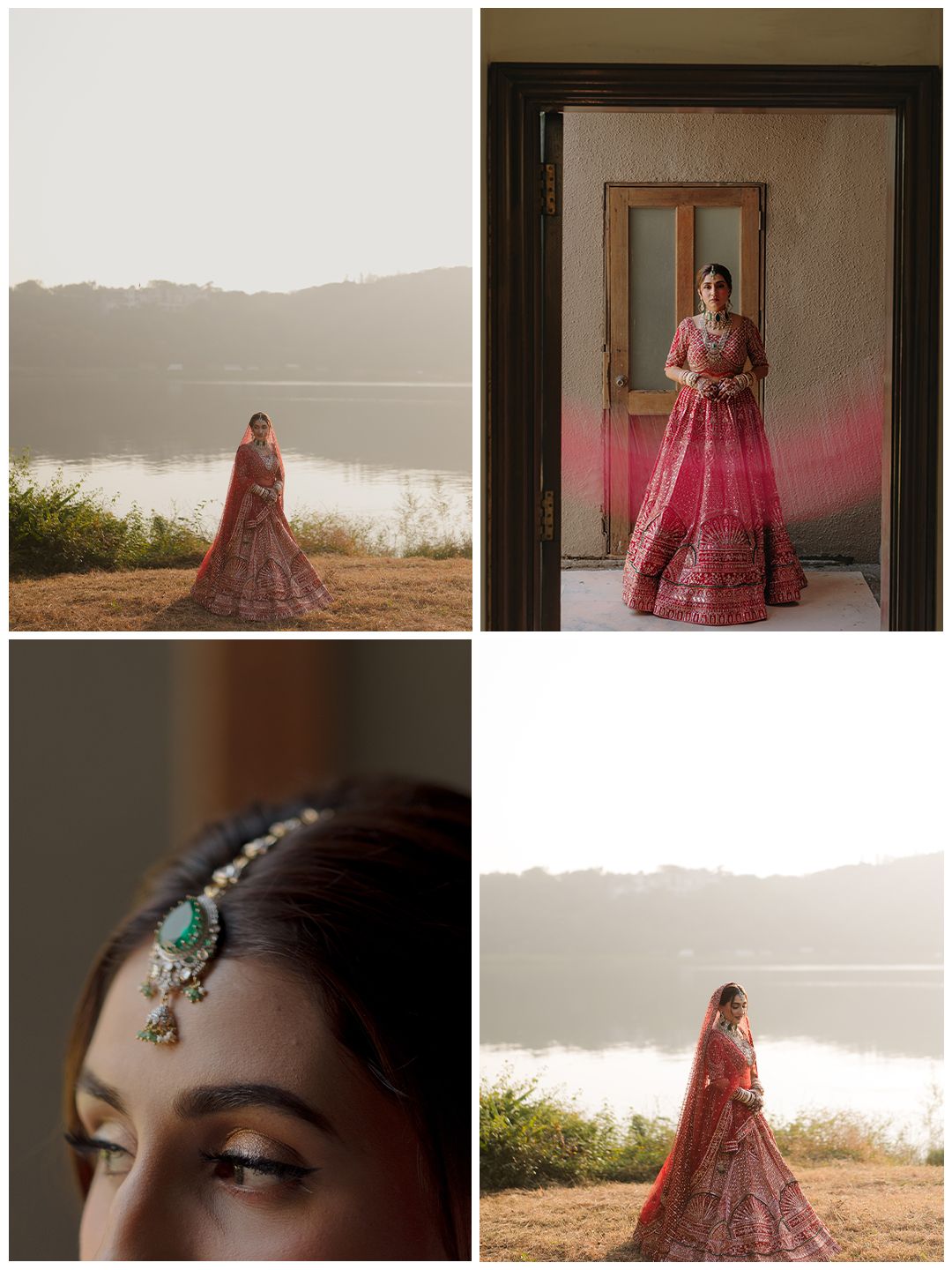 Indian bride in pink lehenga posing near lake with emerald maang tikka in golden misty light.