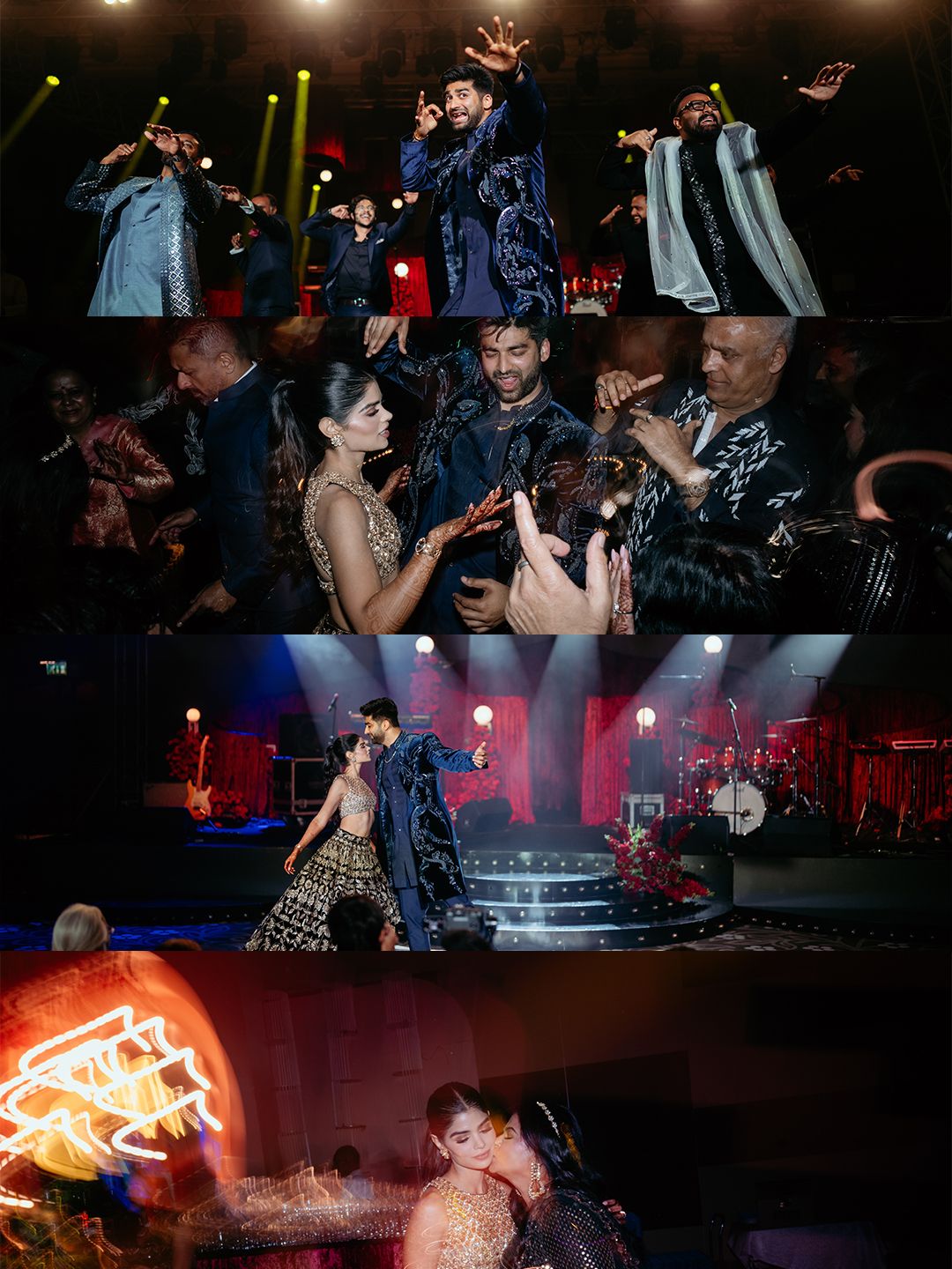 Indian couple enjoying live band performance with singers at glamorous wedding sangeet celebration.
