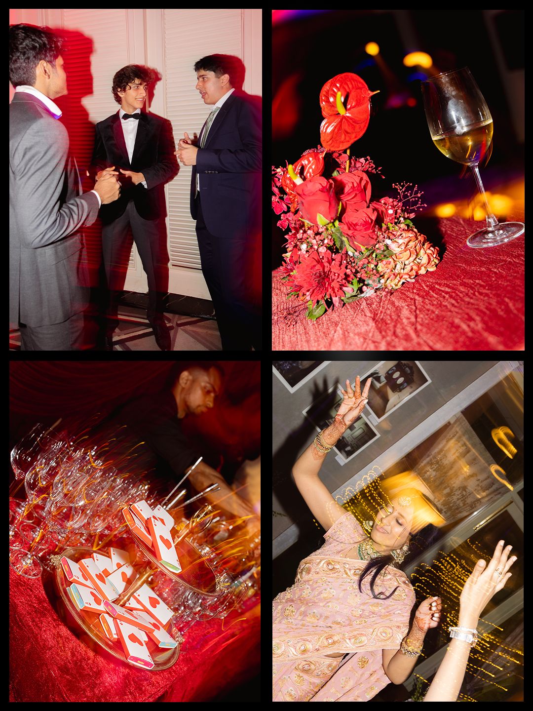 Collage of elegant party event with guests in formal wear, floral centerpieces, and dance floor.