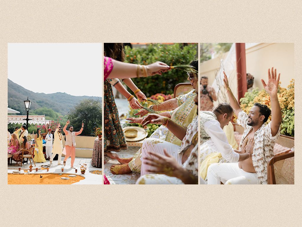 Guests celebrate haldi ceremony with water, turmeric, and joyful dancing at outdoor Indian wedding.