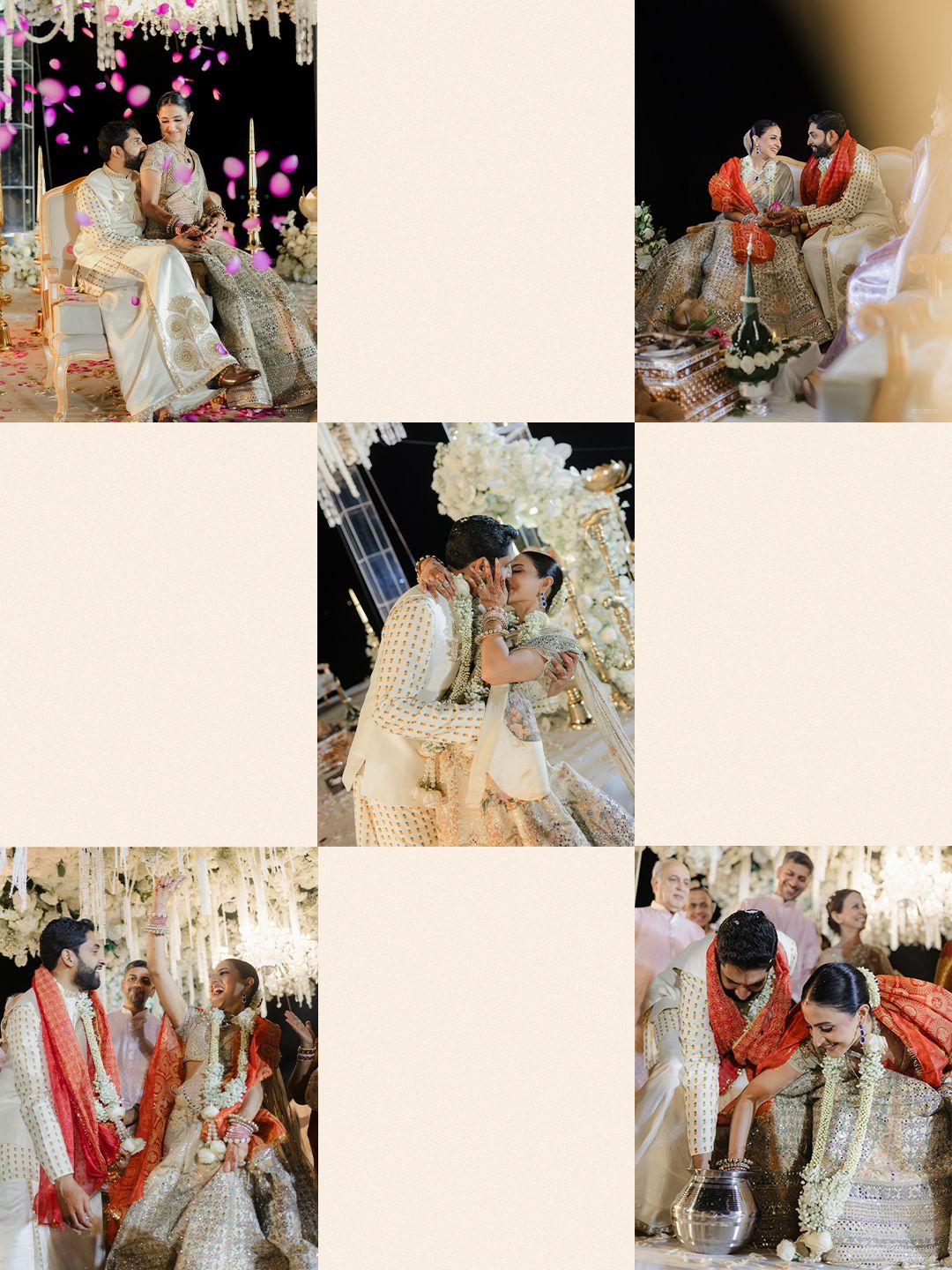 Collage of Indian wedding ceremony rituals with couple in gold and white traditional attire.
