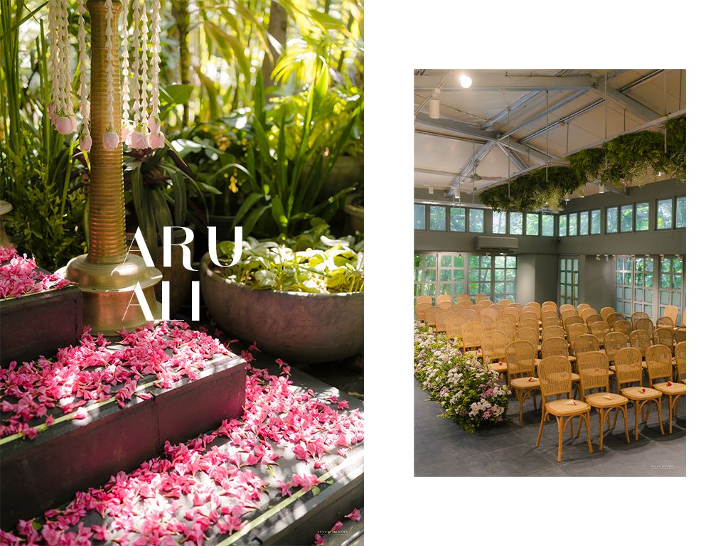 Elegant Indian wedding venue collage showing floral installations, petal displays, and ceremony seating.