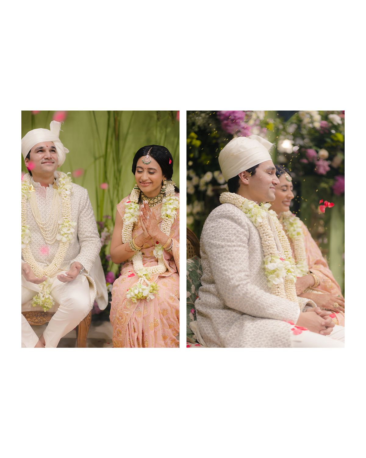 Indian wedding couple in white and pink attire with floral garlands during Hindu ceremony.