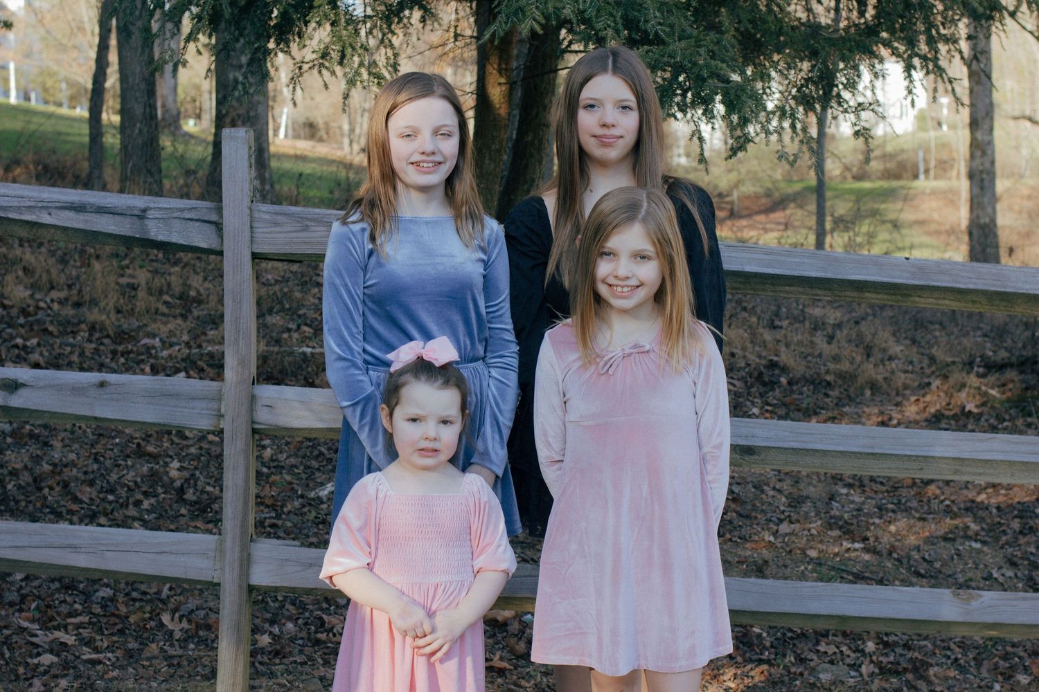 Four girls in pink and blue dresses pose together outdoors near a wooden fence in a park setting.