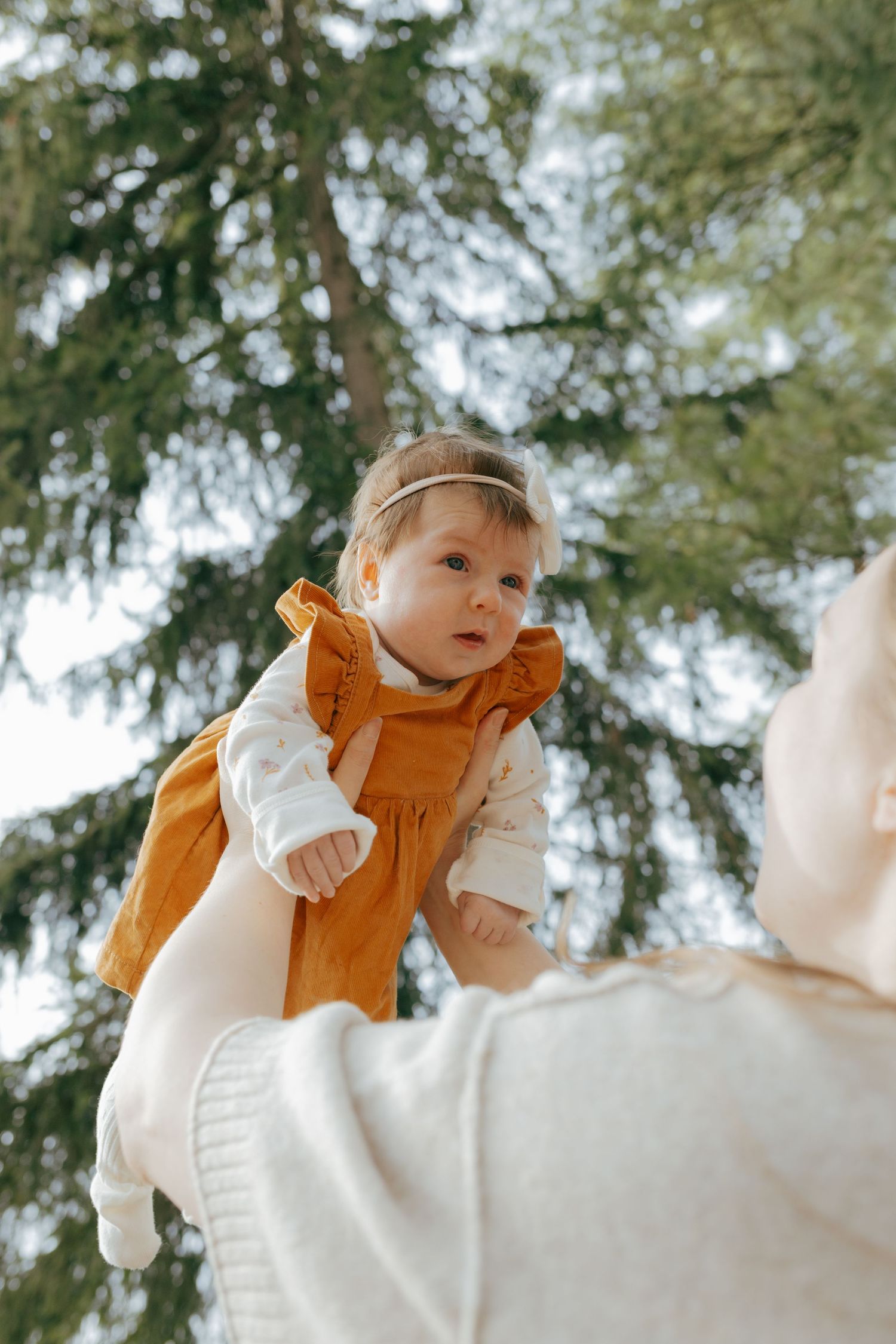 Parent lifting happy baby girl in mustard dress outdoors under green pine trees.
