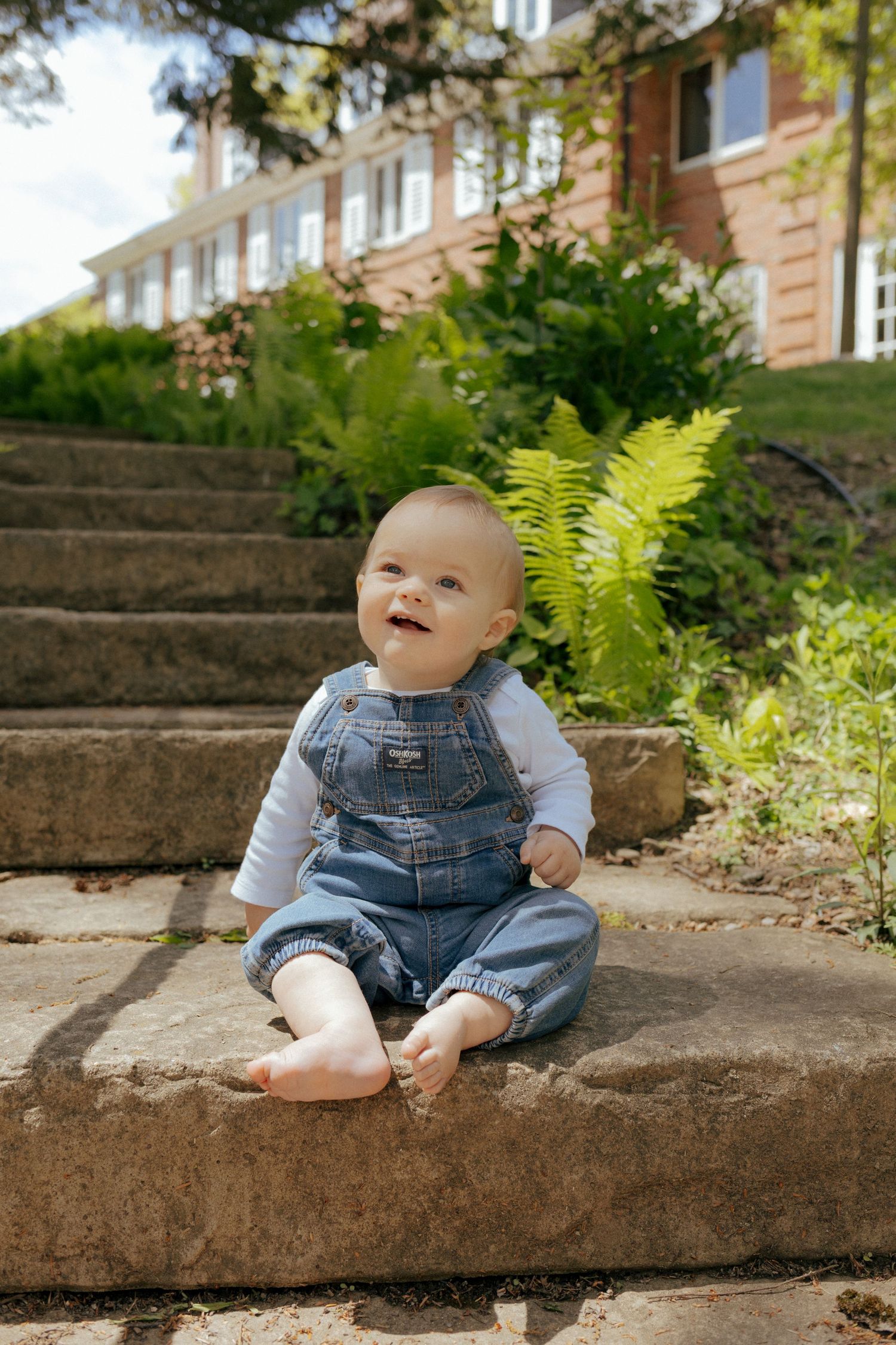 Barefoot baby in denim overalls sitting on stone steps near ferns and a brick building outdoors.