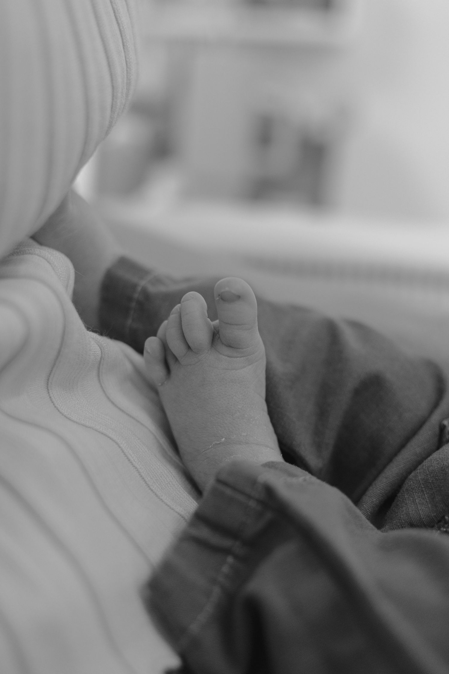 Black and white close-up of newborn baby feet resting on parent's lap.