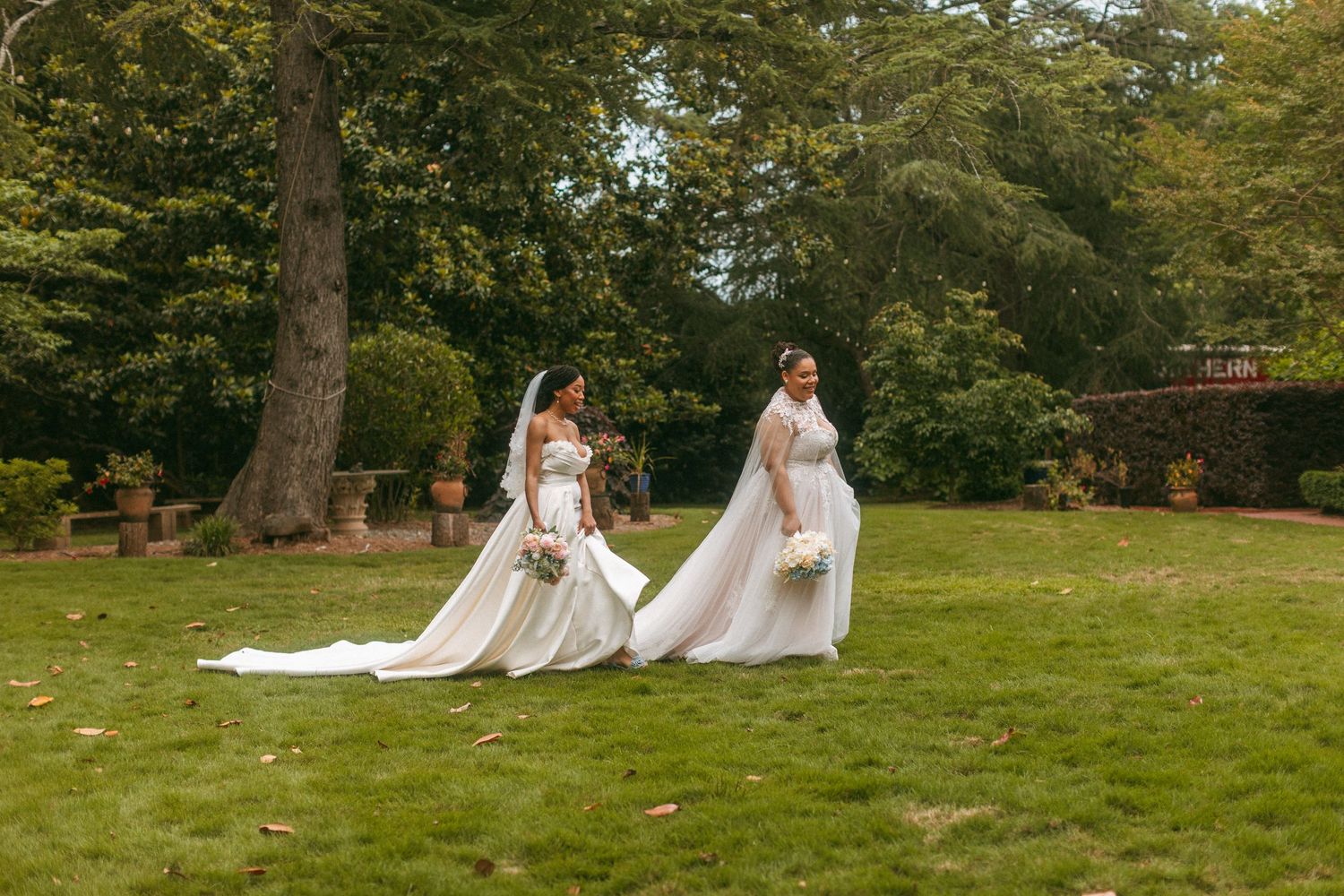 Two brides in white gowns walk across green lawn with flowing veils at outdoor wedding.
