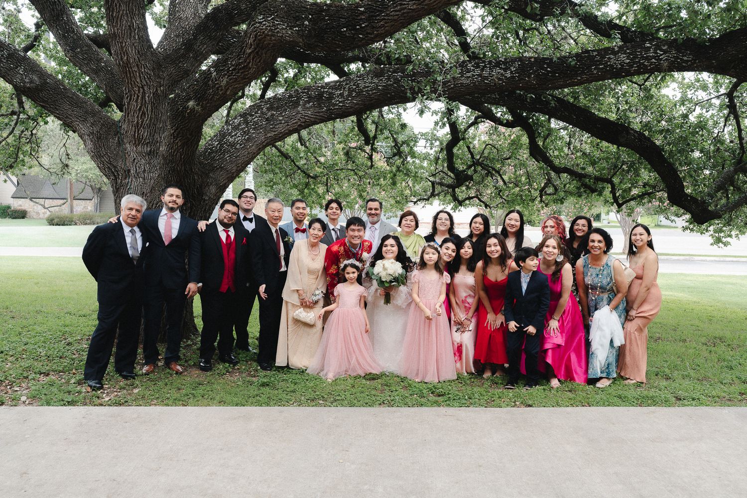 Large wedding party poses under sprawling oak tree, wearing red, pink, and formal attire outdoors.