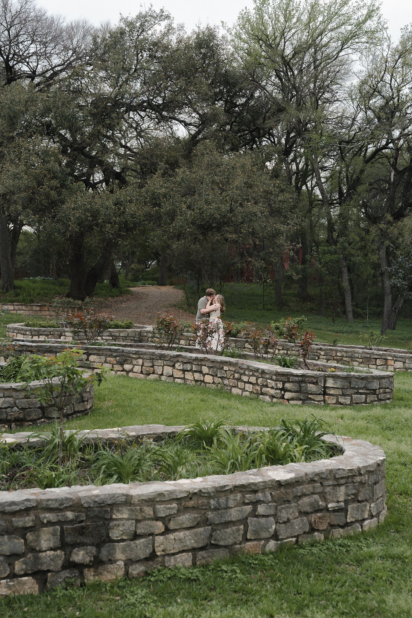 Couple embracing in a terraced stone garden with lush greenery and oak trees in a romantic outdoor setting.