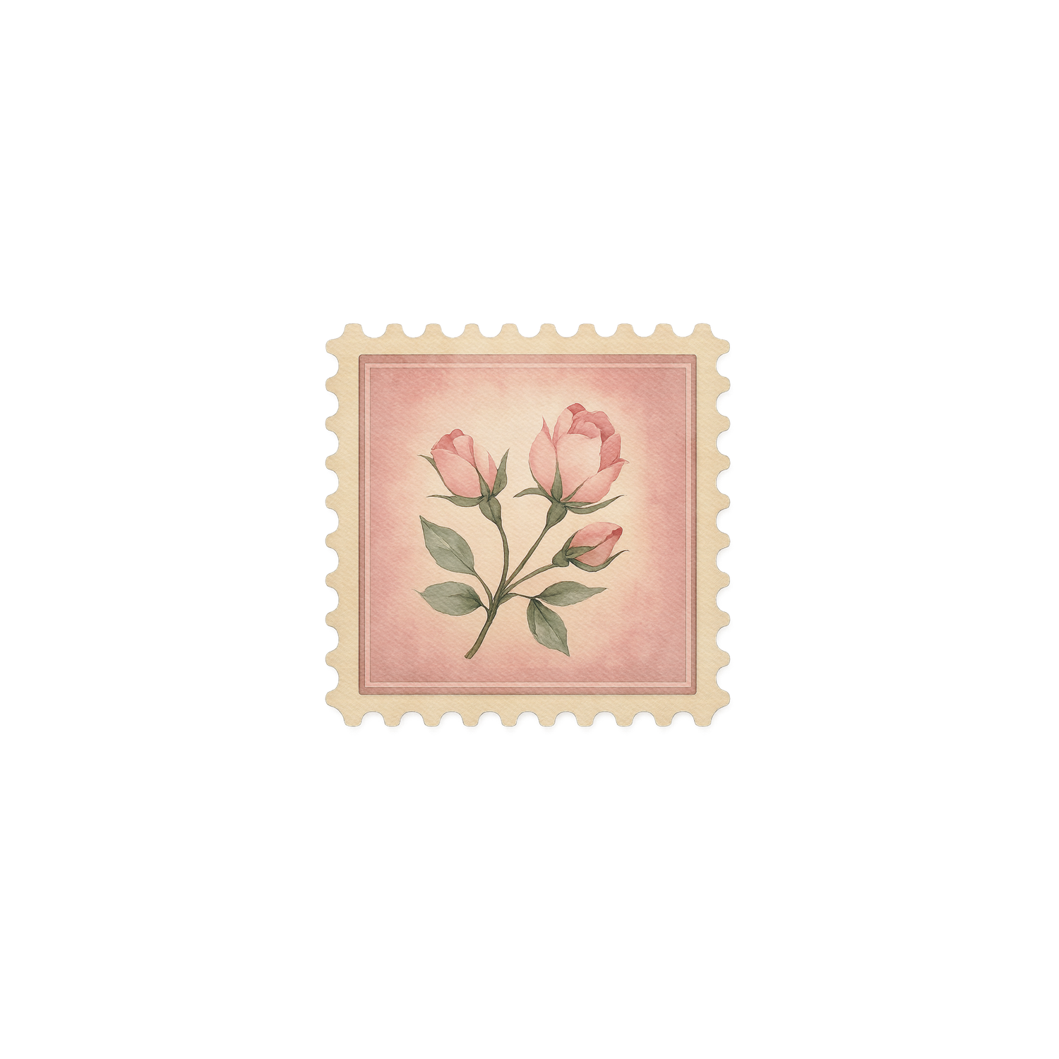 Vintage postage stamp with pink roses and green leaves on a soft pink background with cream border.