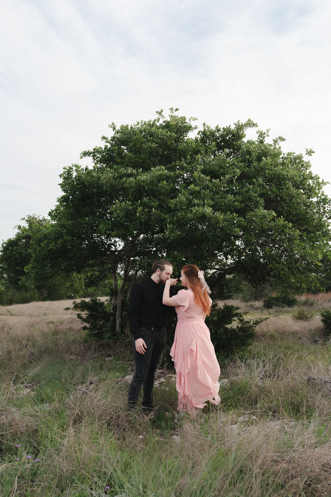 Couple dancing in a field with a large green tree, woman in pink dress and man in black outfit.