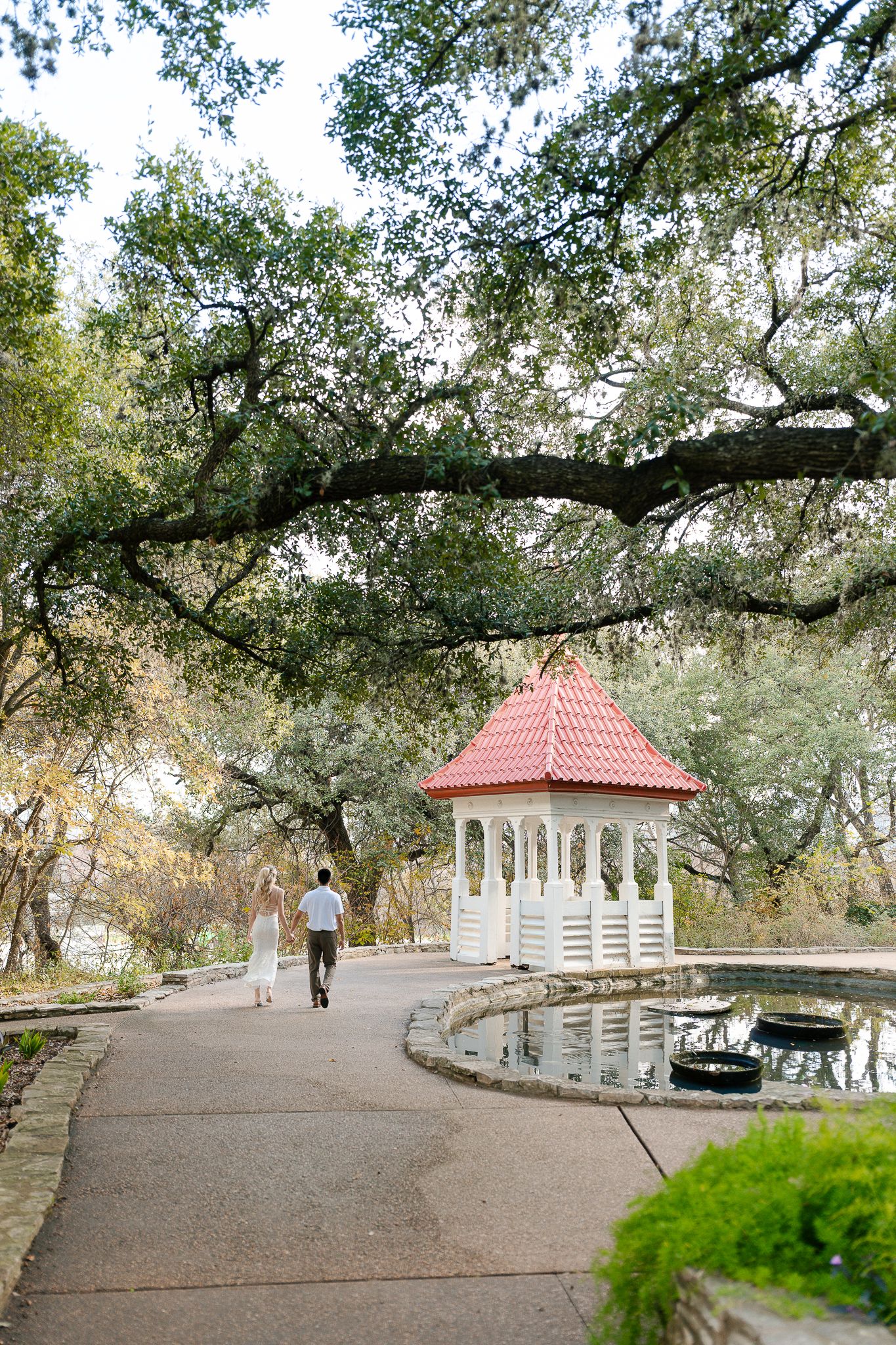 A panoramic view of a winding path with white gazebos and overhanging oak trees in a serene park setting.