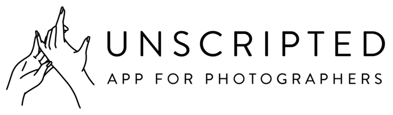 Unscripted logo design featuring black text and a minimalist camera shutter icon for a photographer app.
