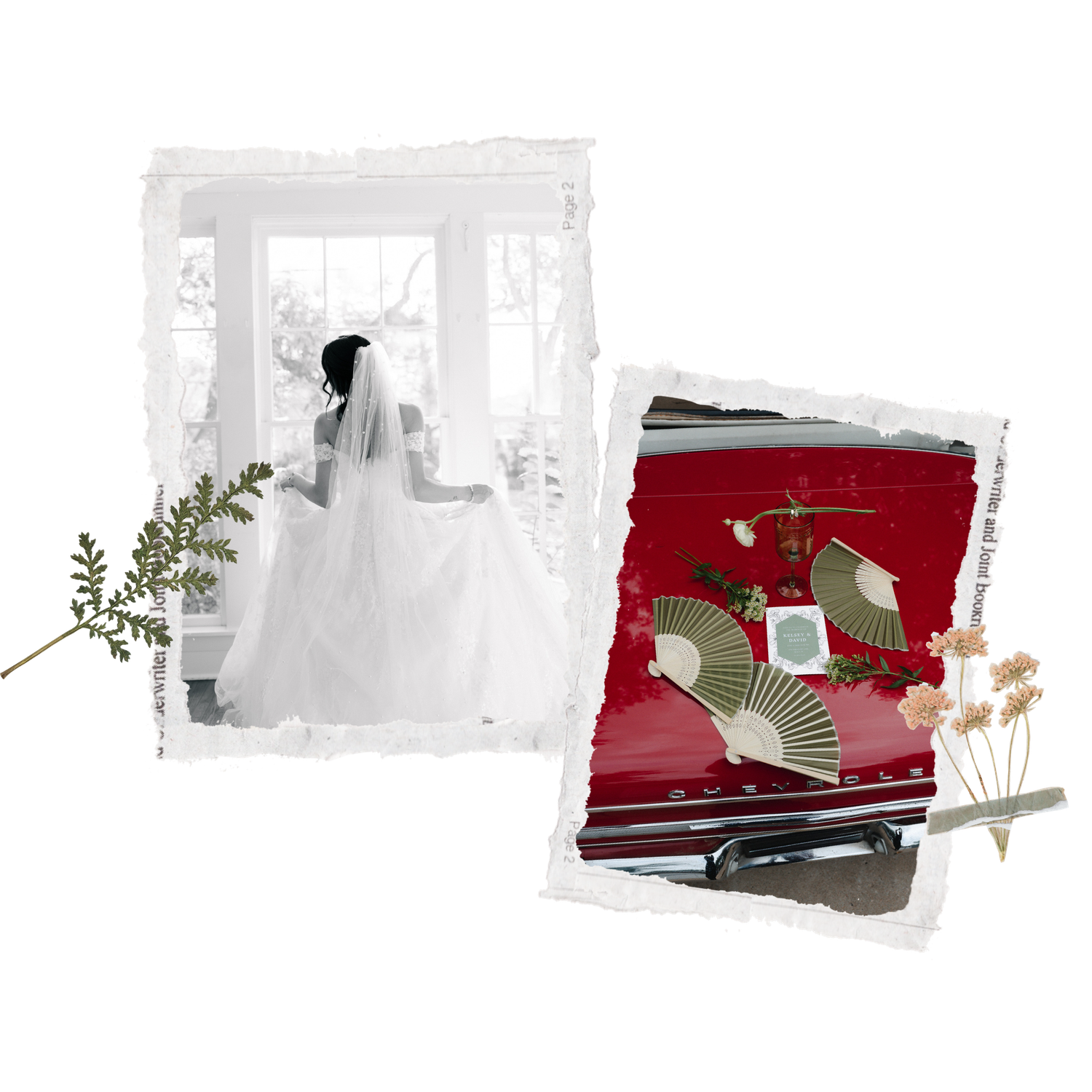 Collage of a bride in a white wedding gown with veil and decorative fans on a red vintage car.