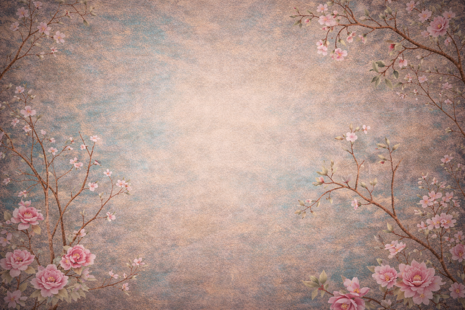 A serene pink cherry blossom branch extends across a textured vintage background with soft lighting and dreamy atmosphere.