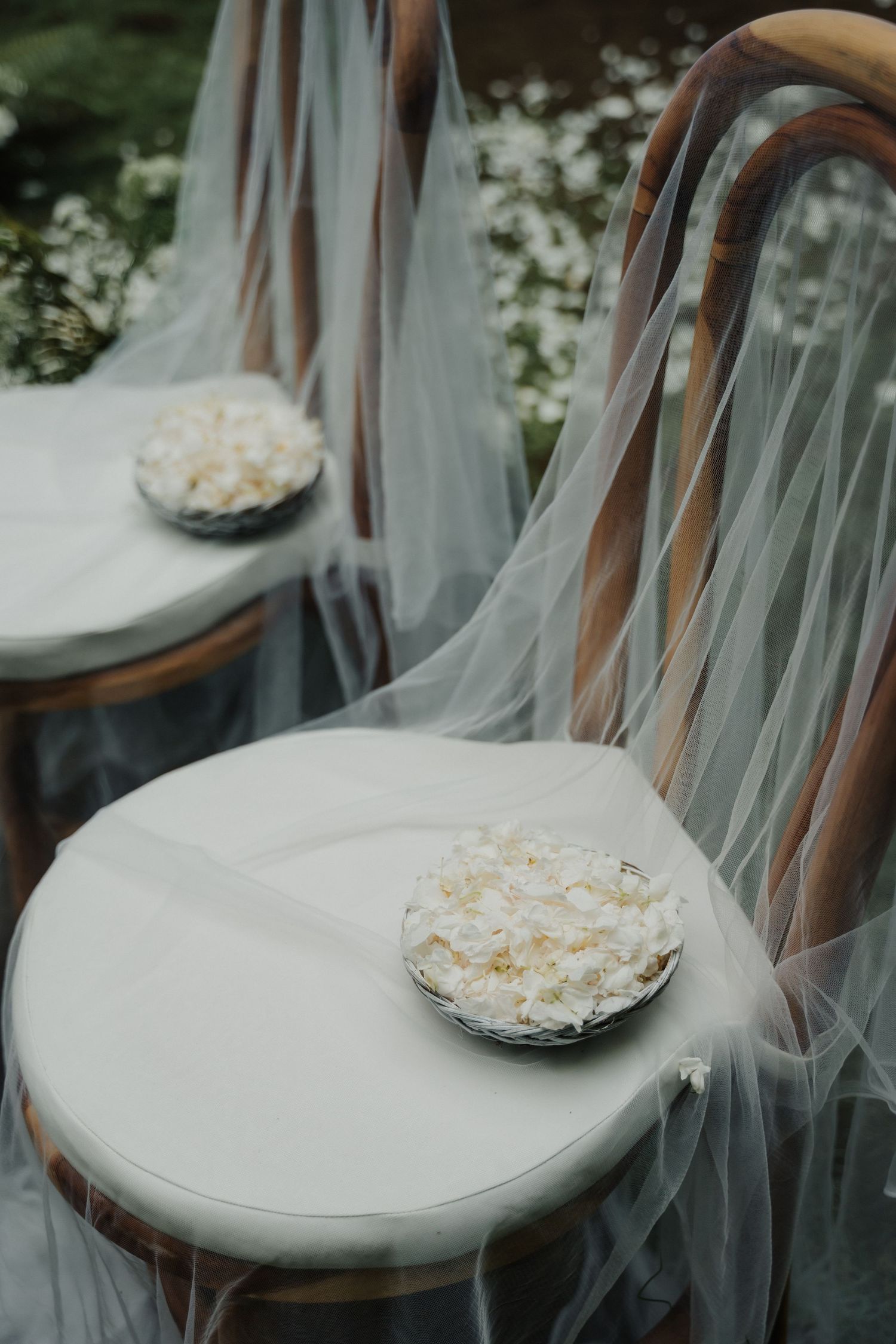 Elegant wedding chairs draped in white tulle with bowls of flower petals for a garden ceremony.