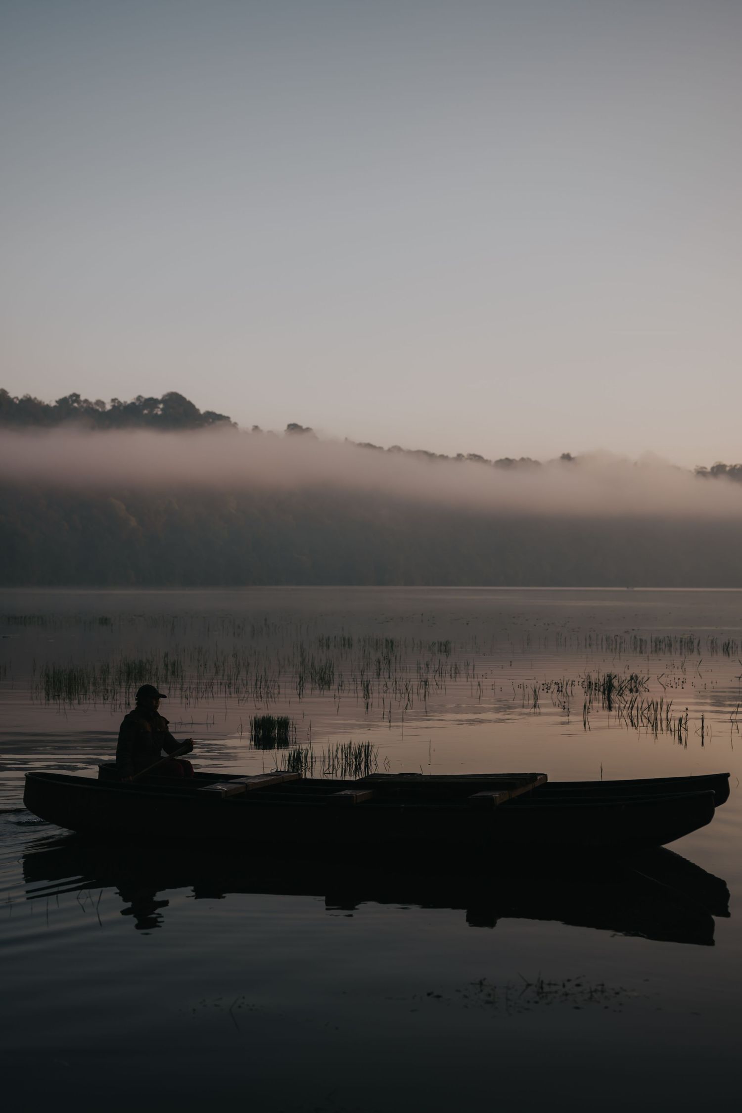 Silhouette of a person in a boat on a misty lake during sunrise with reeds in the foreground.