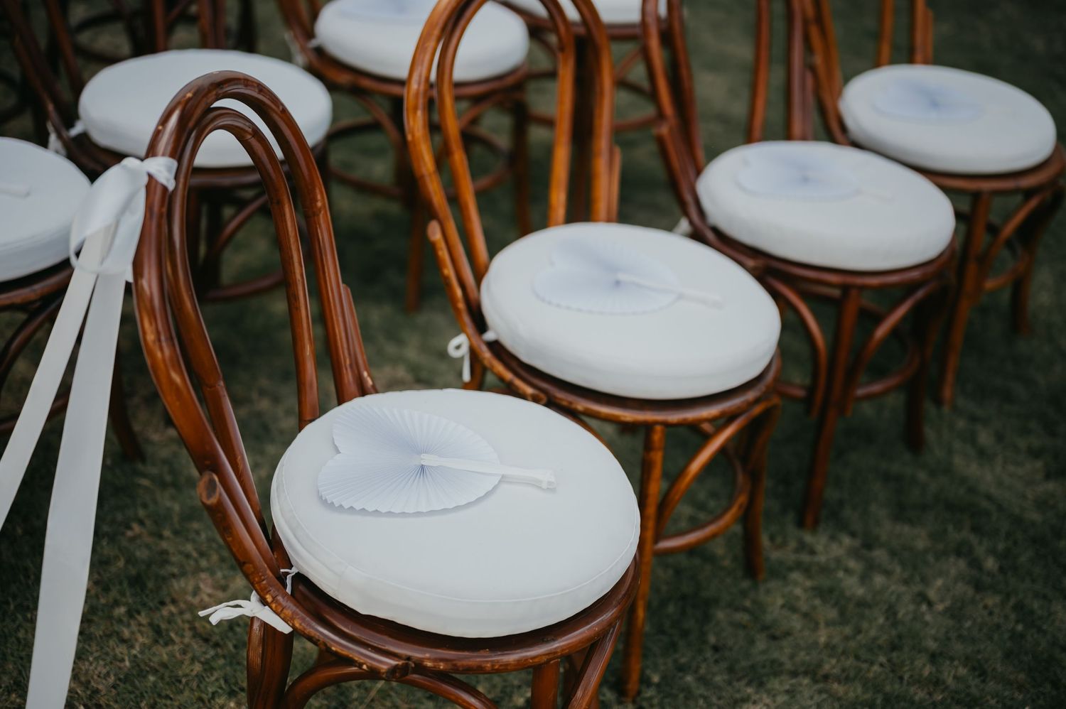 Elegant bentwood chairs with white cushions and ribbon accents arranged in rows for an outdoor wedding ceremony.