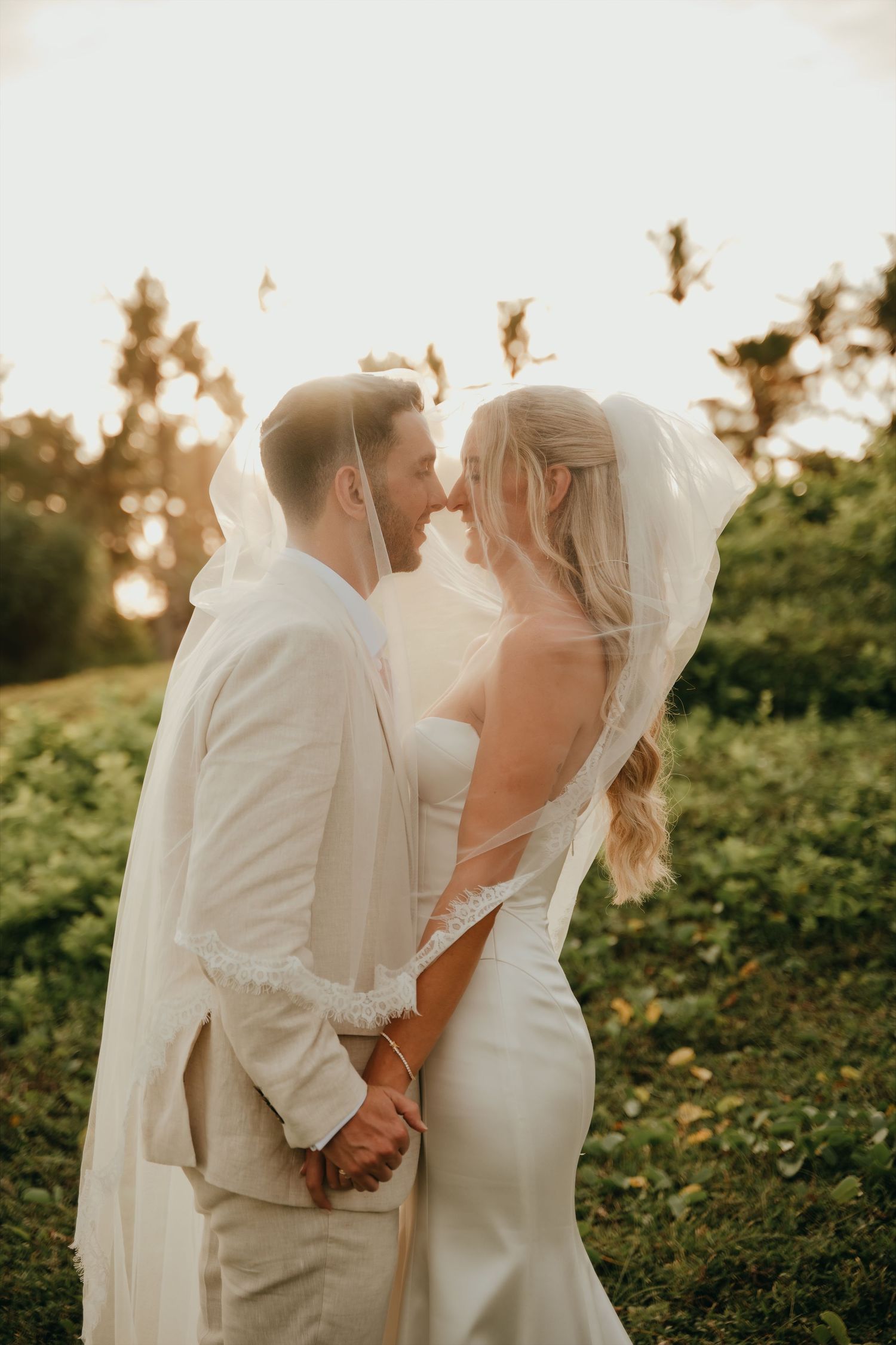 Bride and groom share a romantic sunset kiss under a flowing veil in a lush garden.