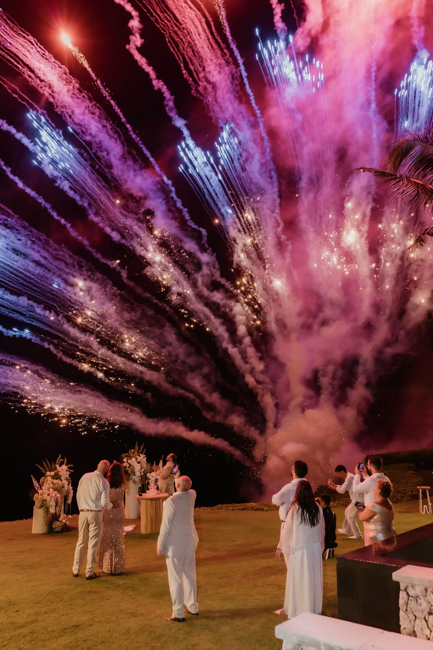 Wedding guests celebrate under spectacular purple and red fireworks display at outdoor nighttime reception.