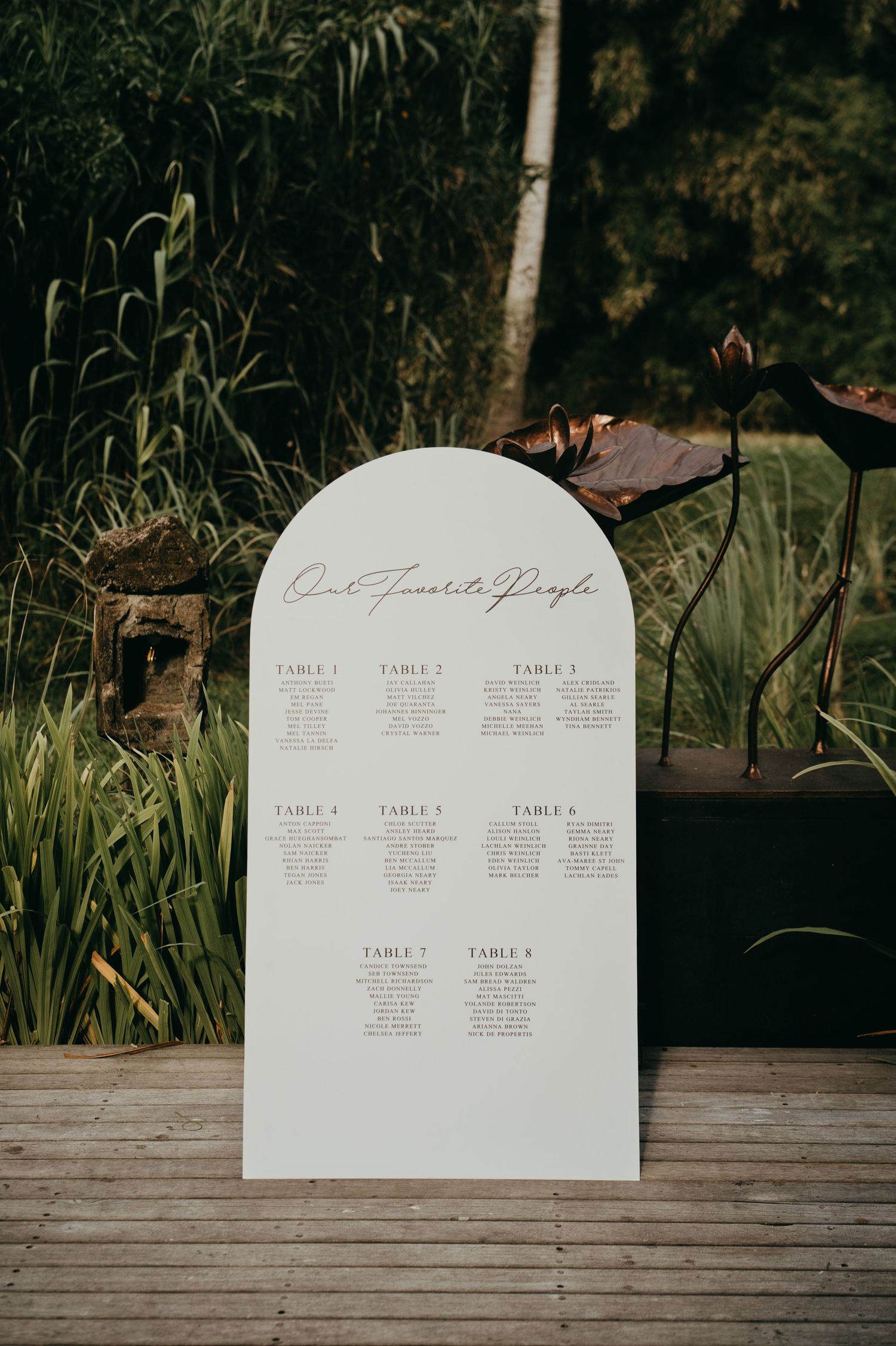 Elegant white arched wedding seating chart sign reading Our Favorite People displayed outdoors among lush greenery.