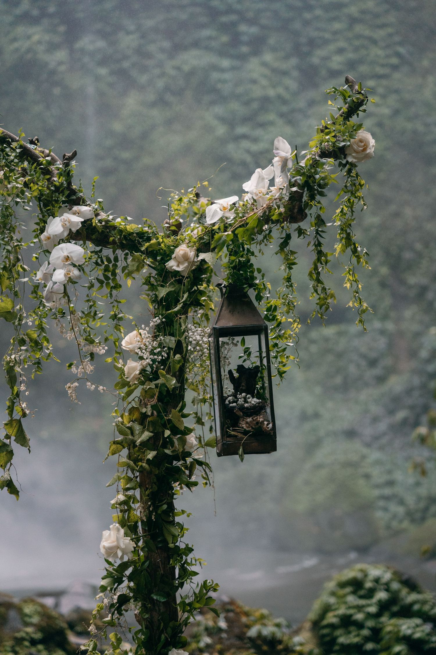 Romantic garden archway with climbing white roses and hanging lanterns creates a dreamy misty atmosphere.