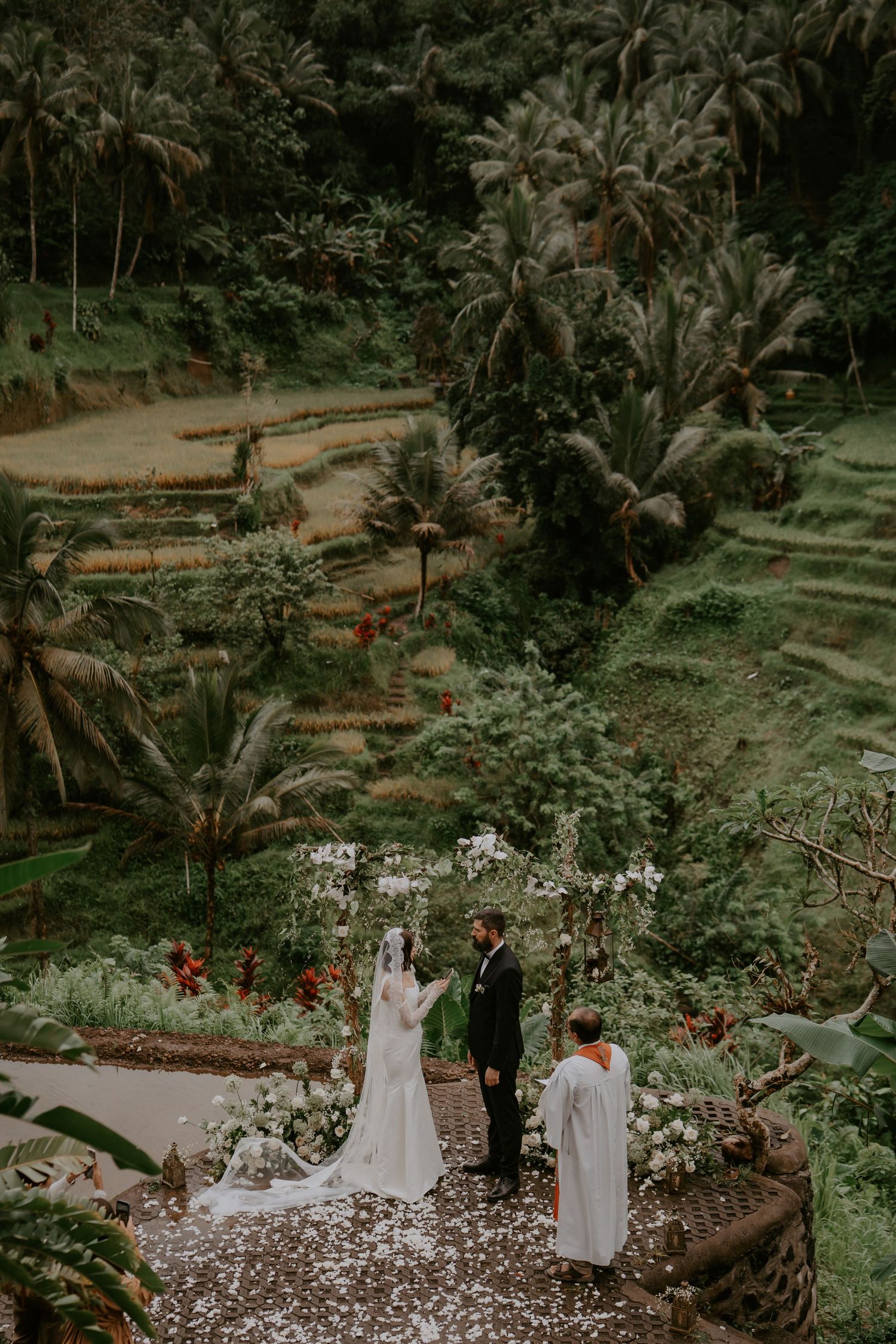 Lush tropical garden setting with stone steps and pathways winding through dense greenery and palm trees.