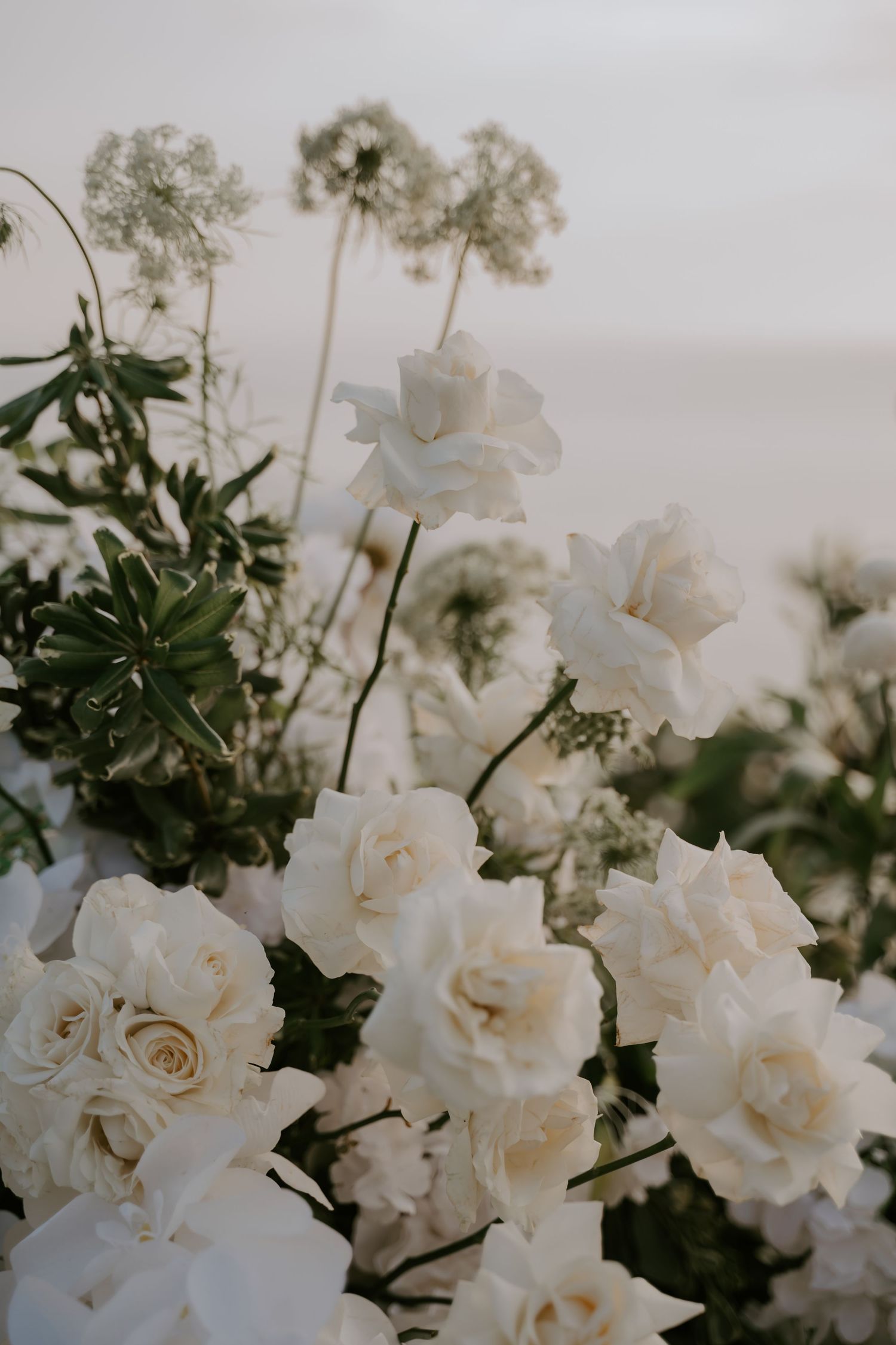Close-up of lush white roses and wildflowers in wedding floral arrangement.