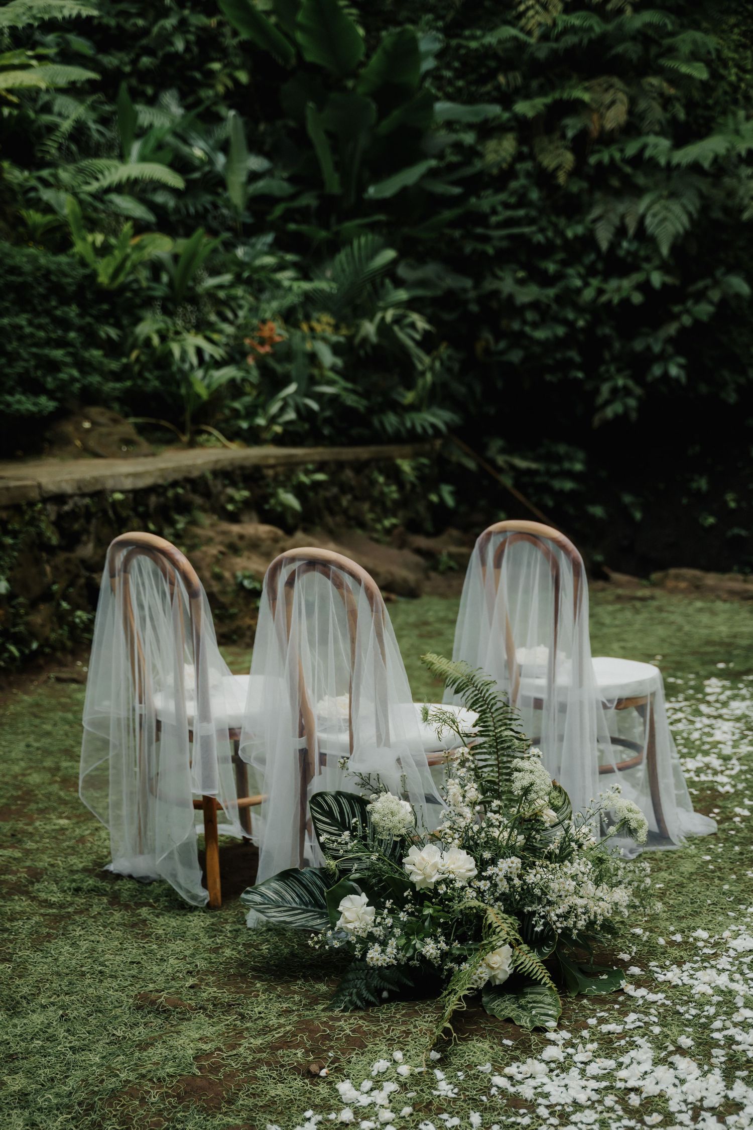 Elegant outdoor wedding ceremony chairs draped in white tulle with lush green tropical garden backdrop and floral arrangements.