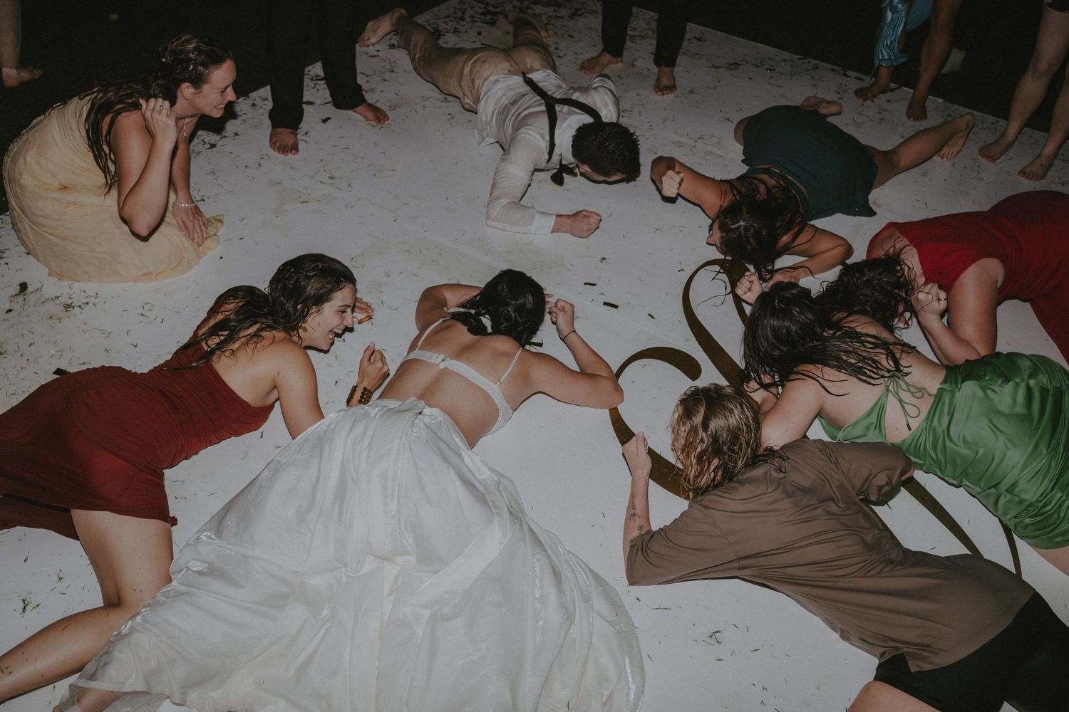 A series of seven connected images showing people dancing and interacting at what appears to be a party or social gathering.
